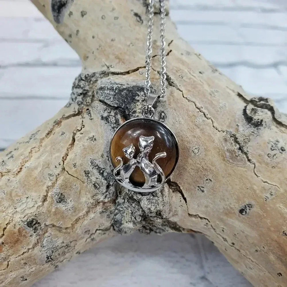 Cats Eye Mother and Baby Cat Necklace with Natural Stone Center Stainless Steel - Picture 5 of 9